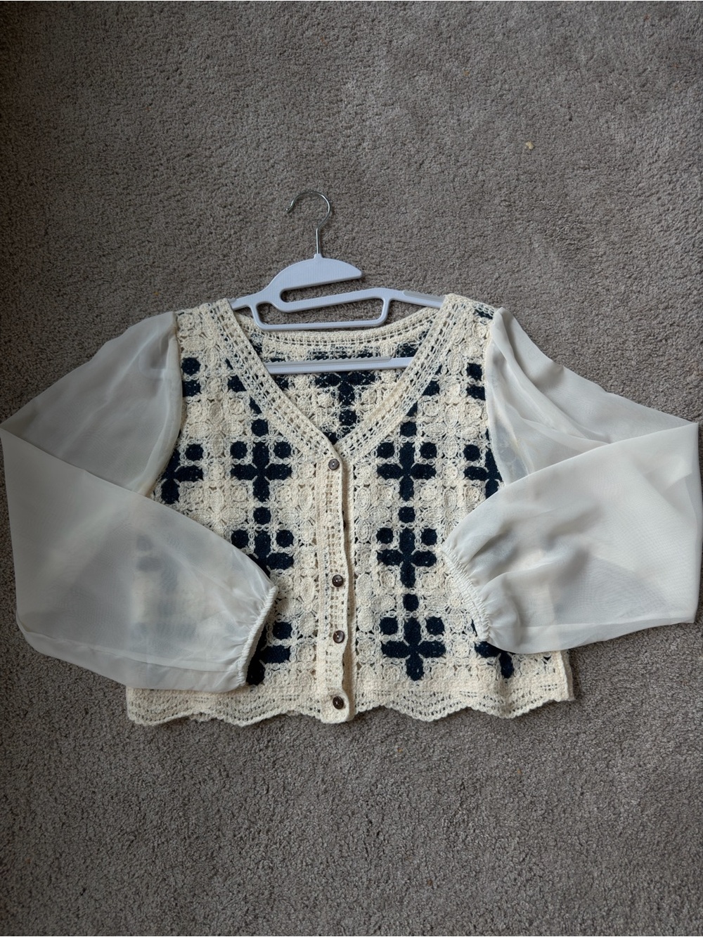 Crochet Knit Overlay Button-Front Blouse with Sheer Sleeves